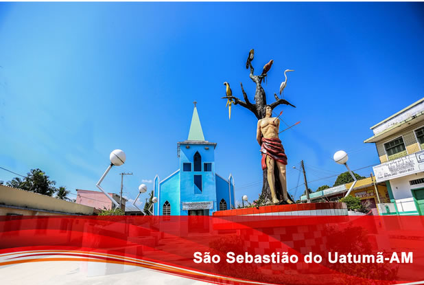 foto da igreja e estátua de sáo sebastião numa árvore com o texto são sebastião do uatumá na parte inferior